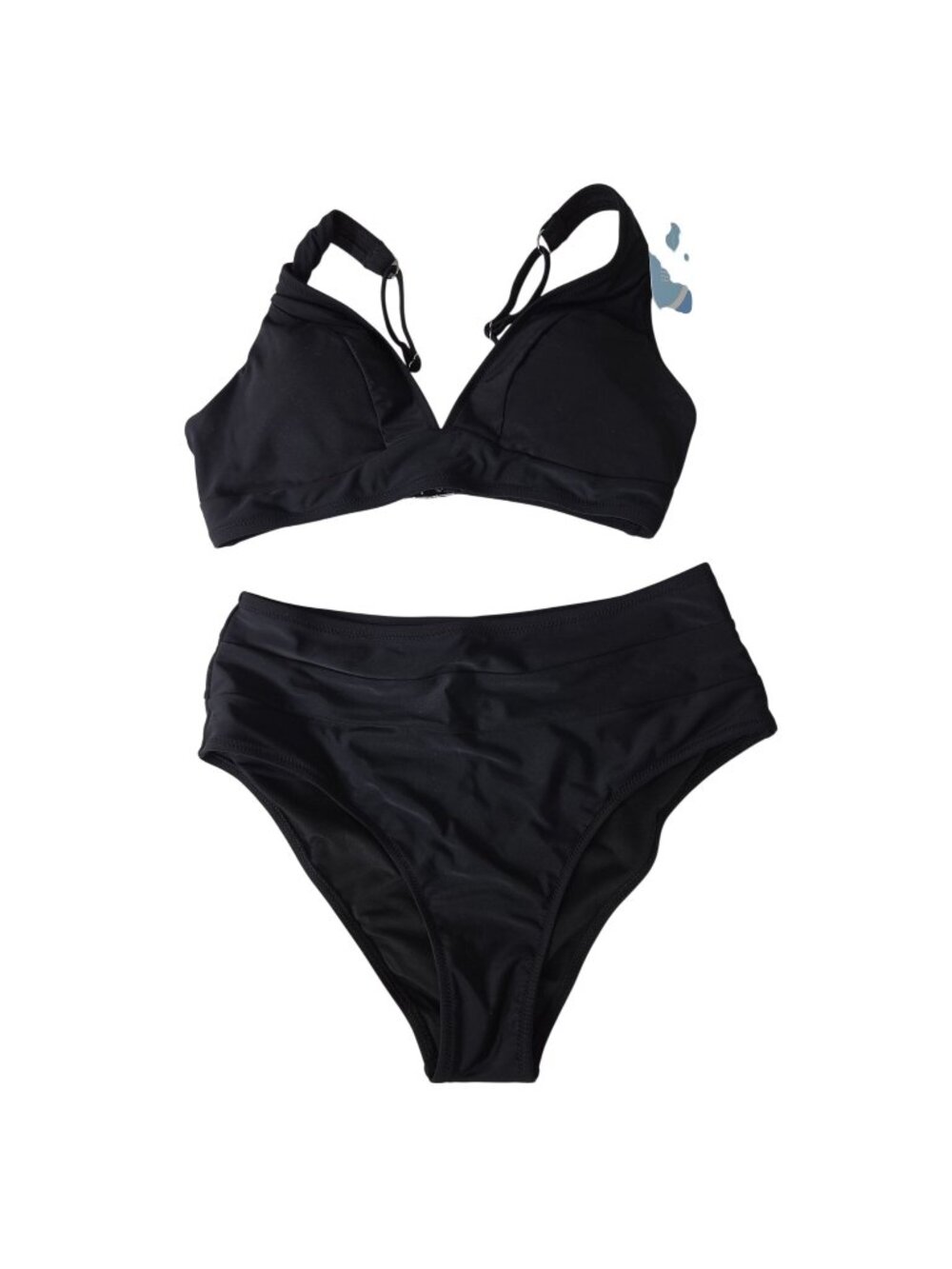 Womens 2 Pc Med Black High-Waisted Bikini Set Adjustable Straps Tummy Control
